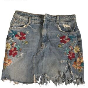 Zara Embroidered Denim Skirt with Floral Design